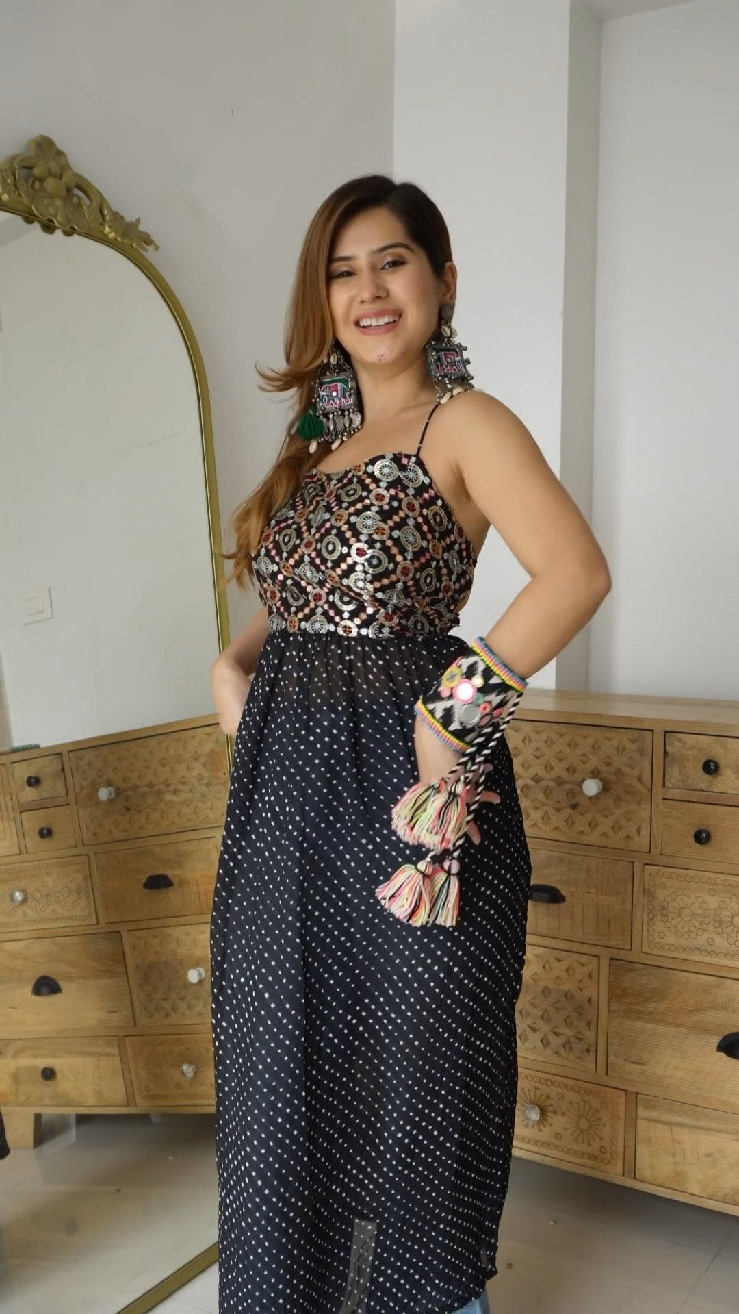 Black Sleeveless Georgette Kurta with High Side Slit, Mirror Work & Back Dori